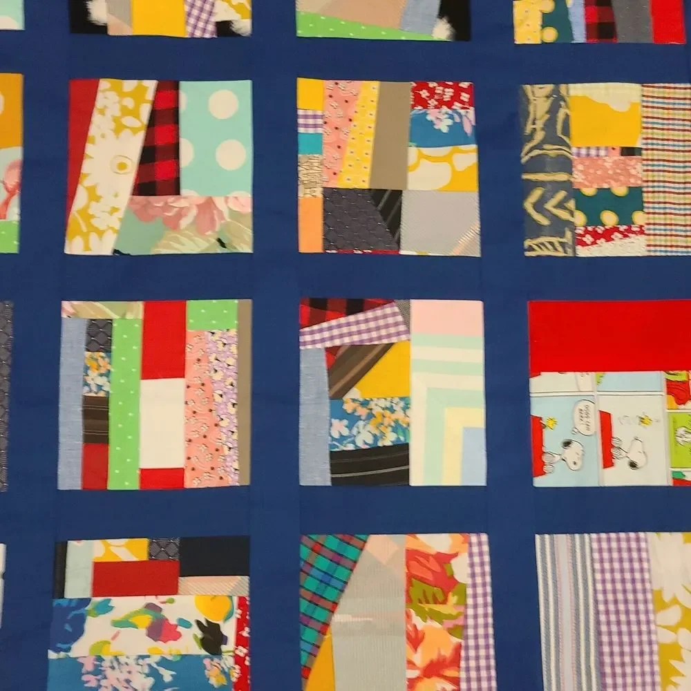 Scrappy Patchwork Colorful Crumb Crazy Baby Lap Quilt Top Blue Sashing 42